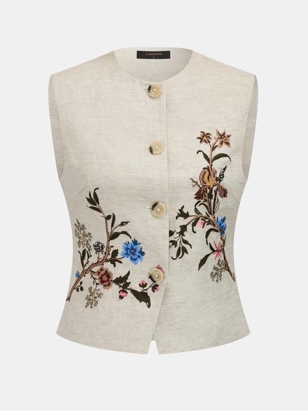 Commense Cream Embroidered Sleeveless Linen Vest Small
